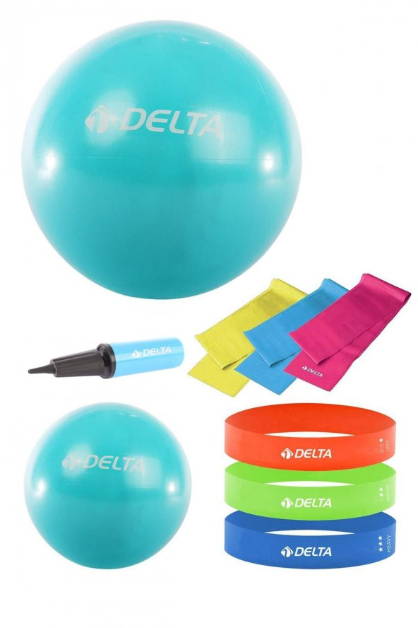 Delta 55-20 cm Pilates Topu 3lü Pilates Bandı 3lü Squat Bandı Direnç Lastiği Şişirme Pompası Seti