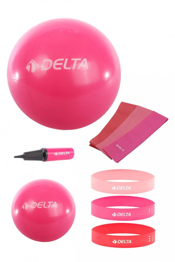 Delta 55-20 cm Pilates Topu 3lü Pilates Bandı 3lü Squat Bandı Direnç Lastiği Şişirme Pompası Seti