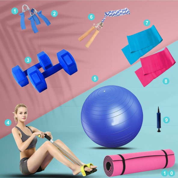 Pilates Yoga ve Fitness Seti 10 Parça Gold Ev Paket Dambıl, Mat, Plates Topu, Direnç Lastiği, İp, Body Trimmer