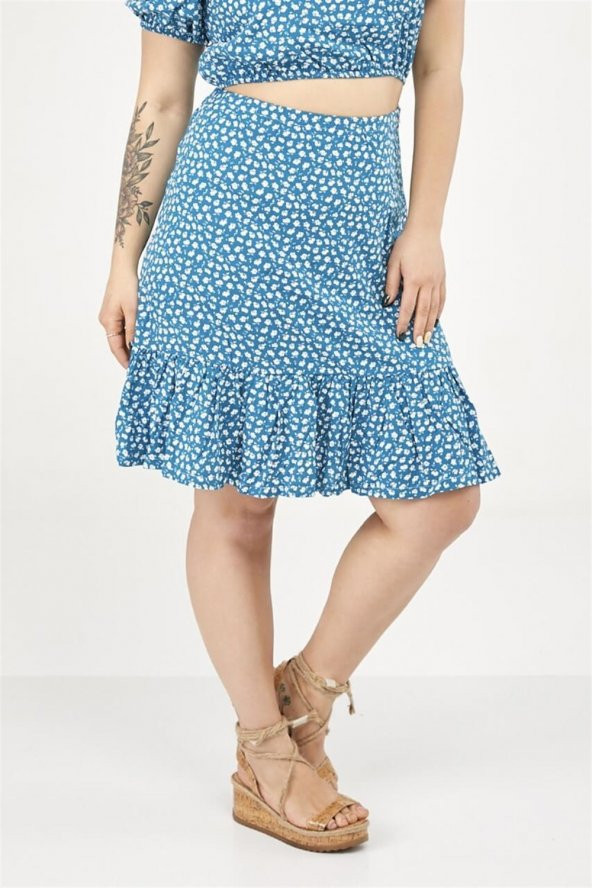 Etek Ucu Fırfırlı Çiçek Desenli Etek-TURKUAZ