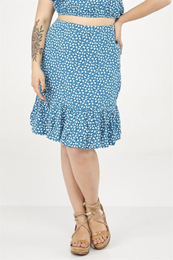 Etek Ucu Fırfırlı Çiçek Desenli Etek-TURKUAZ - 2