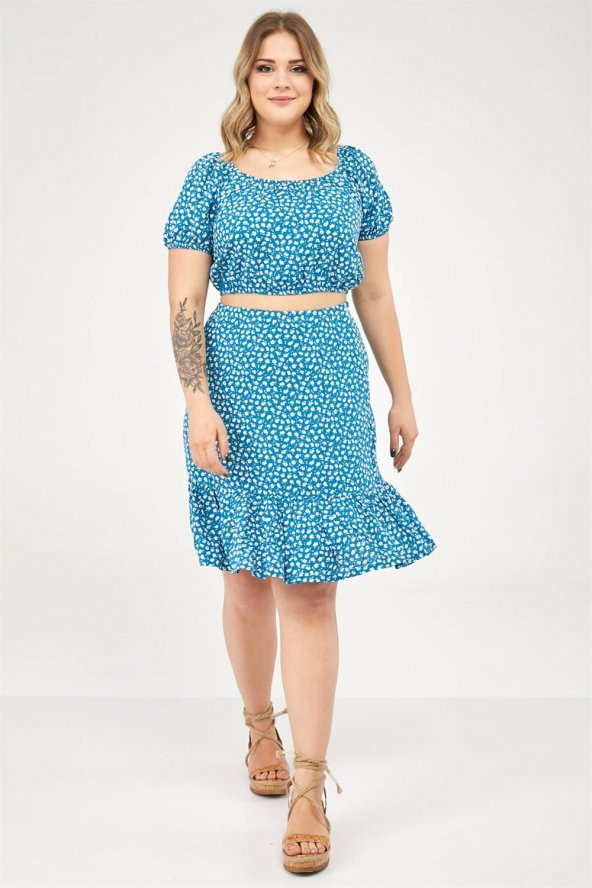 Etek Ucu Fırfırlı Çiçek Desenli Etek-TURKUAZ - 3