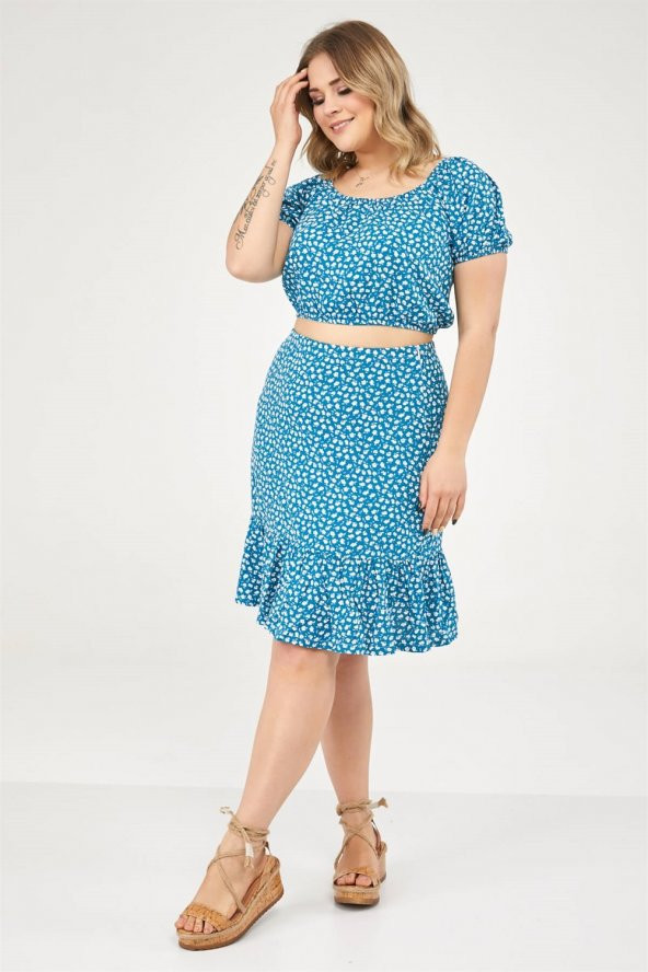 Etek Ucu Fırfırlı Çiçek Desenli Etek-TURKUAZ - 4