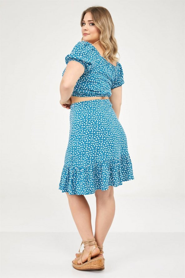 Etek Ucu Fırfırlı Çiçek Desenli Etek-TURKUAZ - 5