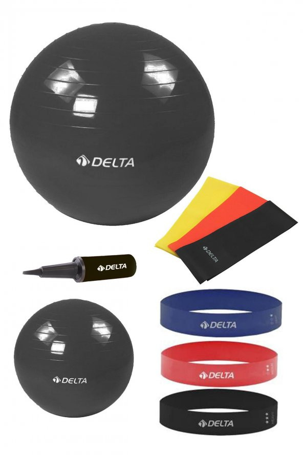 Delta 55-25 cm Pilates Topu 3lü Pilates Bandı 3lü Squat Bandı Direnç Lastiği Şişirme Pompası Seti