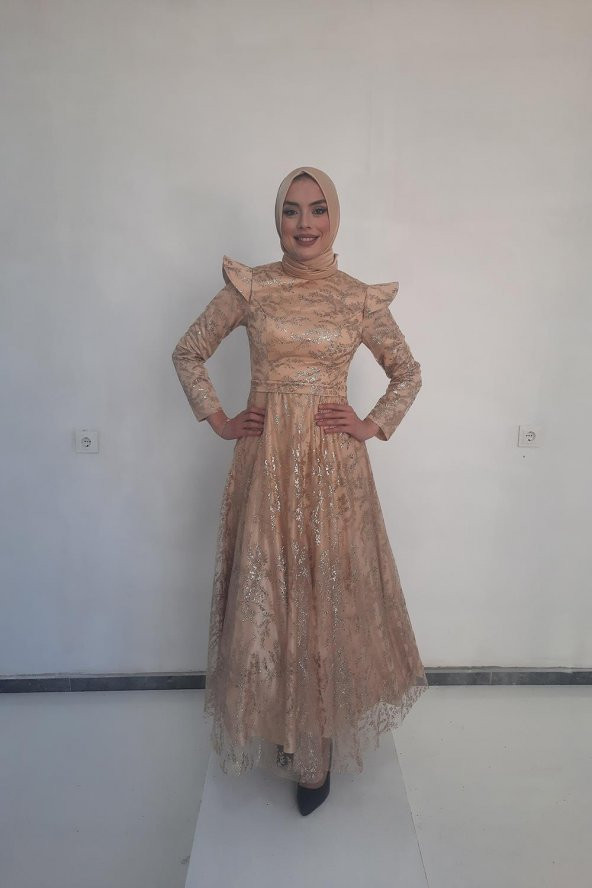 Tuana Abiye Uzun Tesettür Kriter Kumaş Abiye 14110 Gold