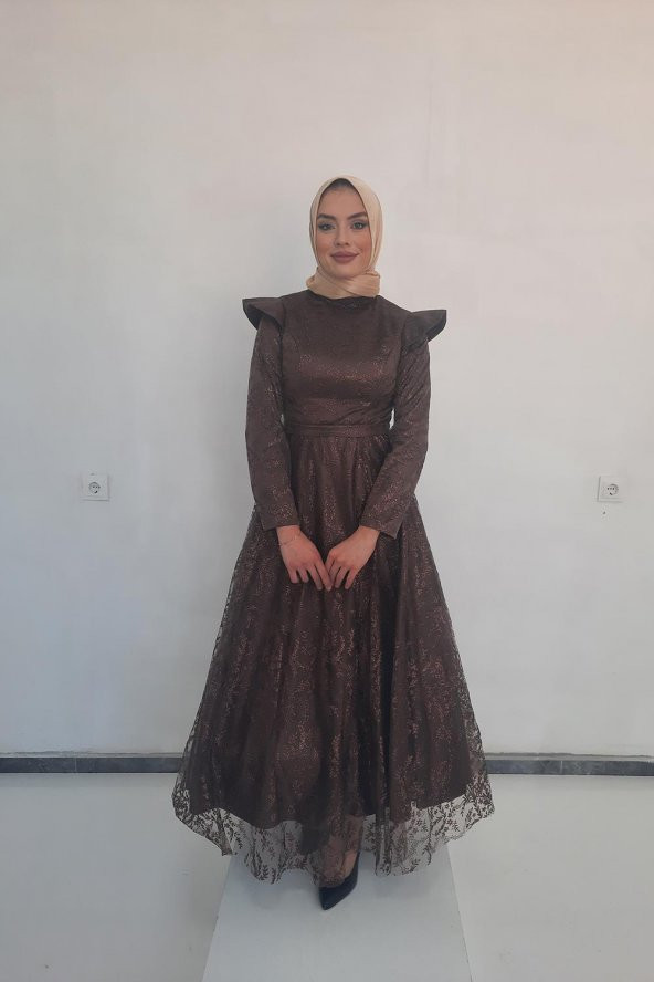 Tuana Abiye Uzun Tesettür Kriter Kumaş Abiye 14110 Kahverengi