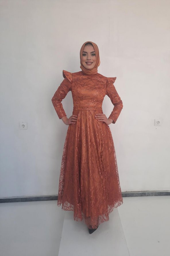 Tuana Abiye Uzun Tesettür Kriter Kumaş Abiye 14110 Taba
