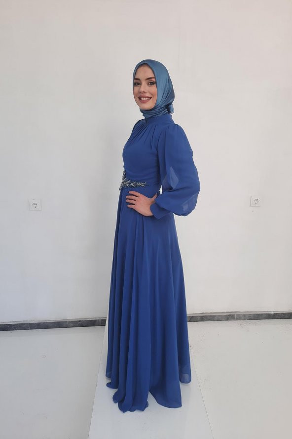 Tuana Abiye Uzun Tesettür Şifon Kumaş Abiye 16575 İndigo