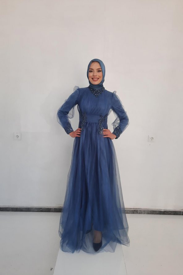 Tuana Abiye Uzun Tesettür Tül Kumaş Abiye 17270 İndigo