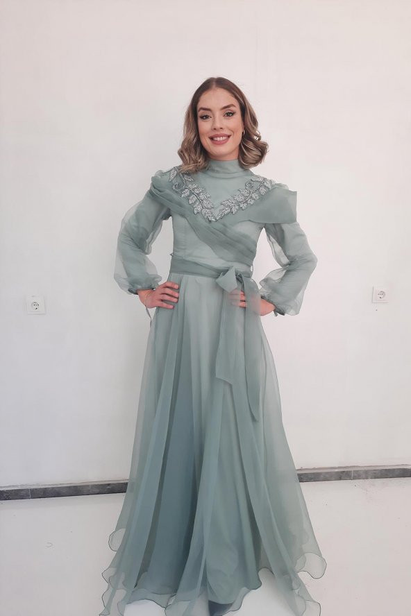 Tuana Abiye Uzun Tesettür Dalya Kumaş Abiye 18135 Mint