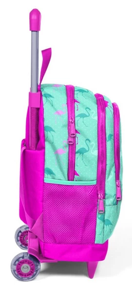 Coral High Yeşil Pembe Flamingo Baskılı Çekçek Okul Çantası - Işıklı Terkerlekler - 2