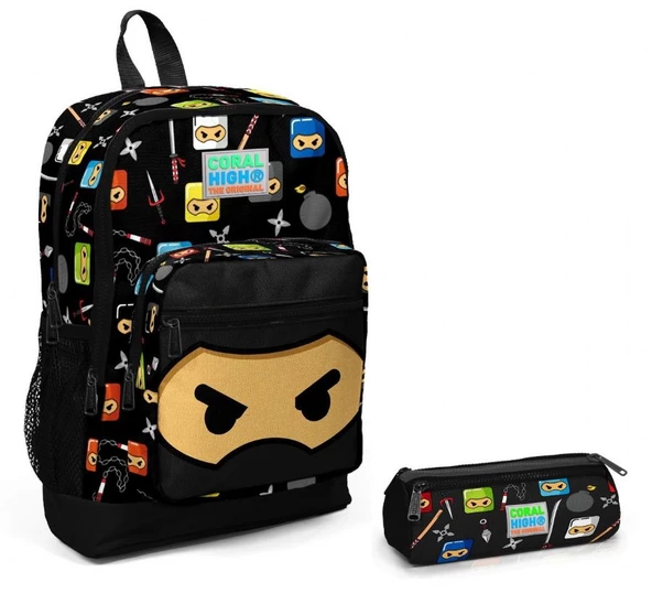 Coral High Erkek Çocuk Ninja Baskılı İlkokul Çantası ve Kalemlik Seti - Siyah