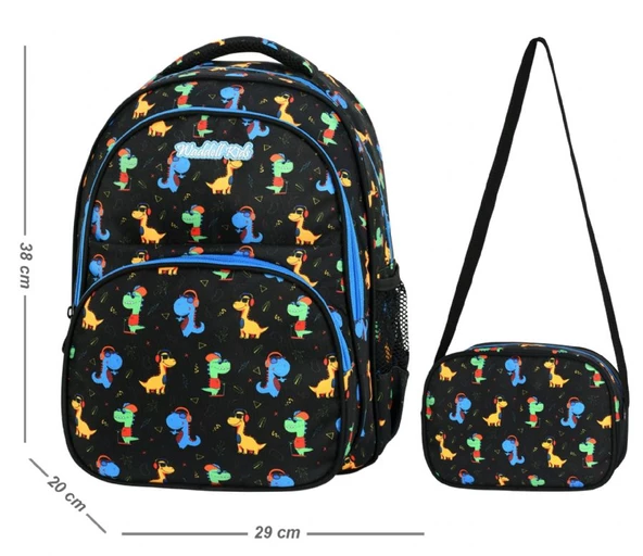 Waddell Çanta Sevimli Dinazorlar Okul Çantası ve Beslenme Çantası Seti - Erkek Çocuk - Siyah - 2