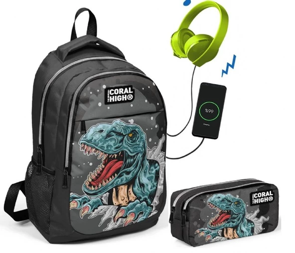Coral High Erkek Çocuk Dinazor İlkokul Çantası ve Kalem Çantası Seti