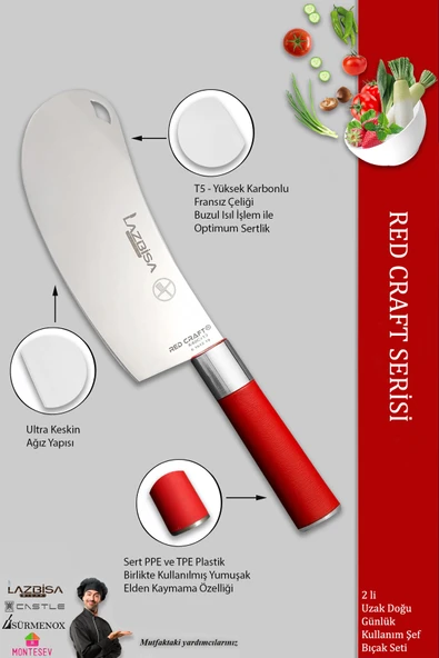 Lazbisa Red Craft Serisi Mutfak Şef Bıçak Seti Et Ekmek Sebze Bıçağı Günlük Kullanım (MFT-258) - Resim 3