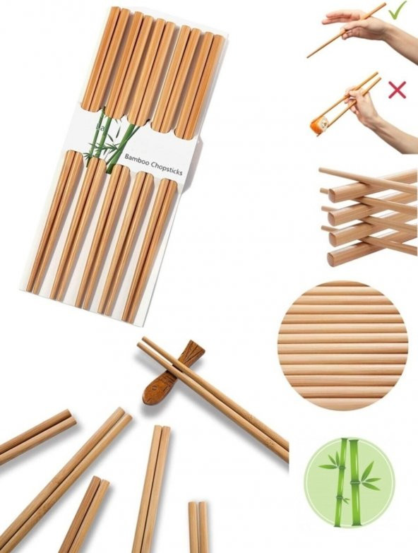 10 Çift - 20 Adet Yıkanabilir Organik Bambu Çin Yemek Çubuğu Chopsticks Çin Çubuk - Çin Çubukları