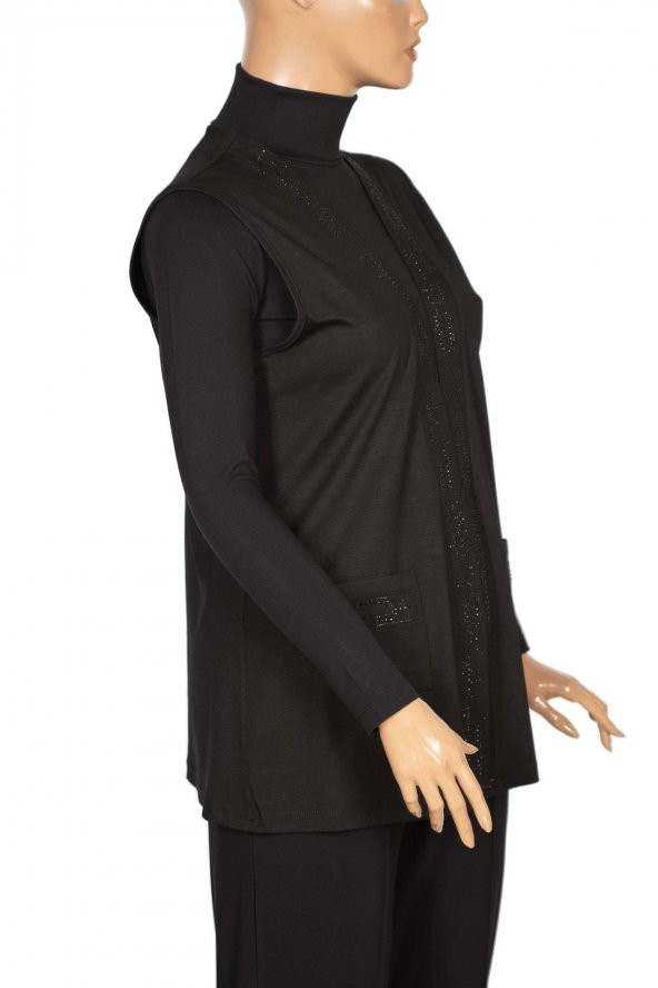 Hesna Kadın Ayben Taşlı Cepli Siyah Yelek - 3