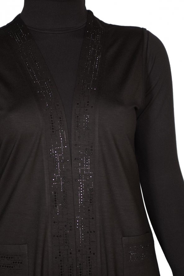 Hesna Kadın Ayben Taşlı Cepli Siyah Yelek - 2