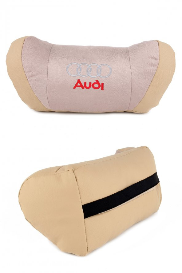 Audi Logolu Araç Koltuk Başlık Yastığı 5D Bej 2li