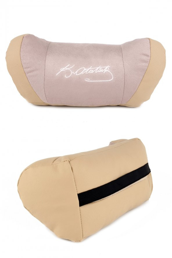 Atatürk Logolu Araç Koltuk Başlık Yastığı 5D Bej 2li