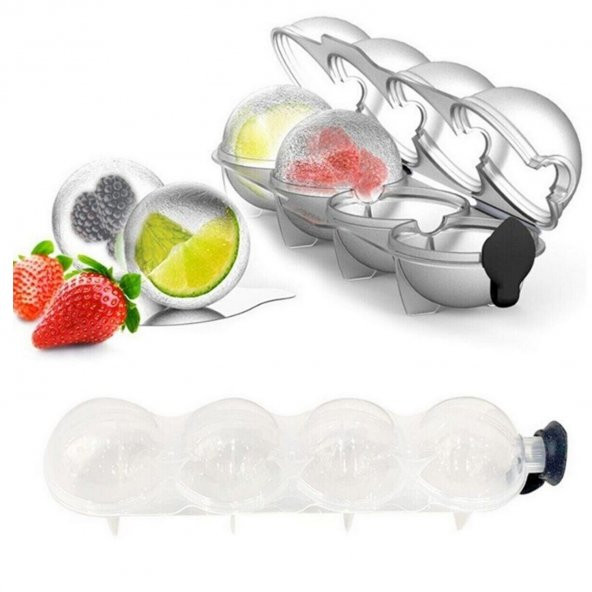 4lü Küre Buz Topu Kalıbı - Yuvarlak Içecek Buz Topu Dondurucu Buzluk Saklama Ve Sunum Kabı