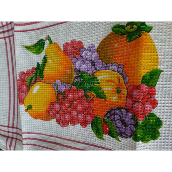 PİKE DOKUMA KURULAMA BEZİ- 32 X 45 cm EBATLI- BEYAZ RENK - MEYVE RESİMLERİ BASKILI