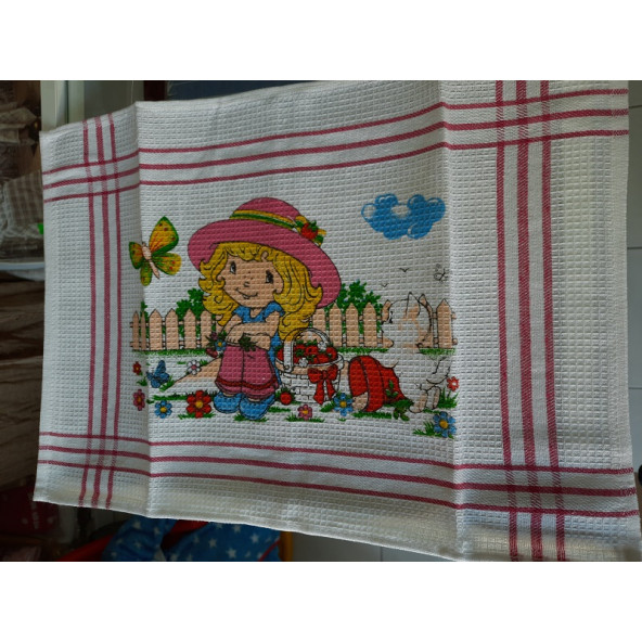 PİKE DOKUMA KURULAMA BEZİ- 32 X 45 cm EBATLI- BEYAZ RENK -ÇİÇEK SEPETLİ KIZ RESMİ BASKILI