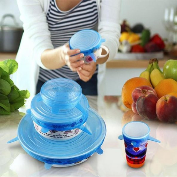 6lı Silikon Streç Kapak Tabak Bardak Gıda Bonesi Tazeliği Korur Saklama Kabı Kapağı ŞEFFAF - 7