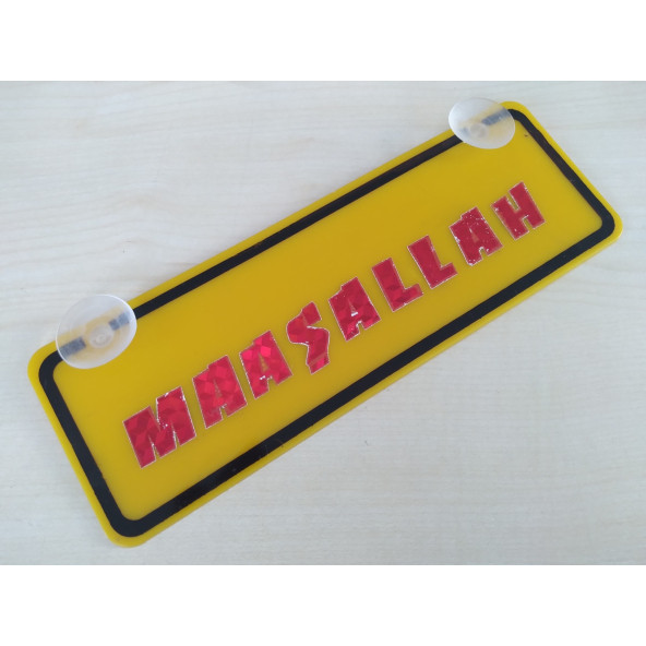 SARI DEKOR PLAKA - MAŞALLAH (22x7,5cm) KIRMIZI YAZILI vantuzlu Pleksi (Dekor Levha) SARI PLAKA ürün görseli