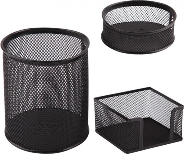Masaüstü 3lü Set Siyah Kalemlik + Ataşlık + Küp Notluk - 2