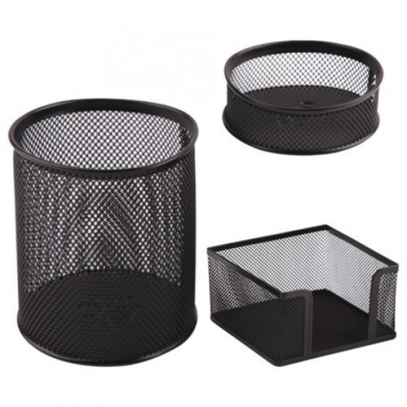 Masaüstü 3lü Set Siyah Kalemlik + Ataşlık + Küp Notluk - 3