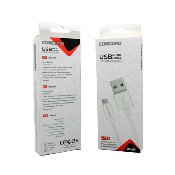 Concord C-321 2.1A 100cm (Micro) Data ve Şarj Kablosu - Beyaz - 3