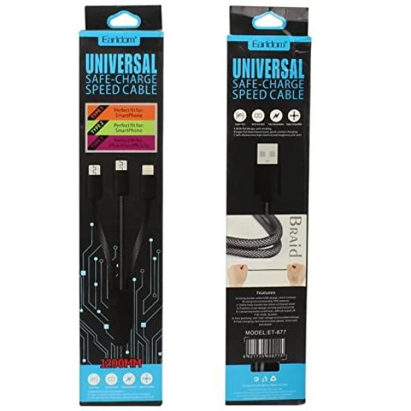 Earldom 2 adet Micro USB + 1 adet Lightning Şarj Kablosu 1.2 M Altın - Resim 3