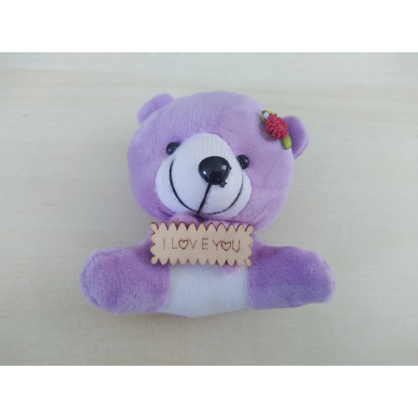 KÜÇÜK AYICIK AYNA SÜSÜ (11x9cm) (I LOVE YOU) LİLA PELUŞ OYUNCAK AYICIK ASMA SÜSÜ, ASKI SÜSÜ
