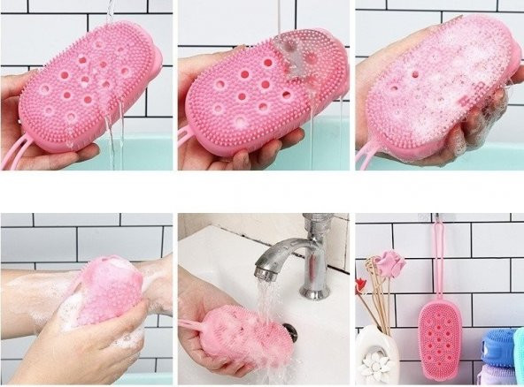 Süngerli Silikon Banyo Kesesi Banyo Sırt Kesesi Çift Taraflı Silikon Duş Lifi Fırçası Lif  Kese - 7