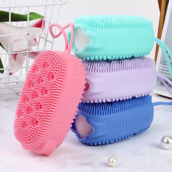 Süngerli Silikon Banyo Kesesi Banyo Sırt Kesesi Çift Taraflı Silikon Duş Lifi Fırçası Lif  Kese - 9