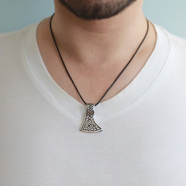 Nipora Kızılderili Baltası Tasarım İp Zincirli 925 Ayar Gümüş Erkek Kolye