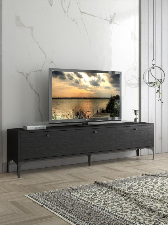 Woodn Love Etna Premium Metal Ayaklı Dolaplı 180 Cm Tv Ünitesi - Siyah / Siyah