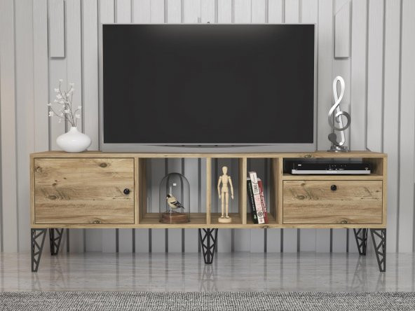 Woodn Love Cercei 160 Cm Metal Ayaklı Tv Ünitesi - Atlantik Çam / Siyah - 4