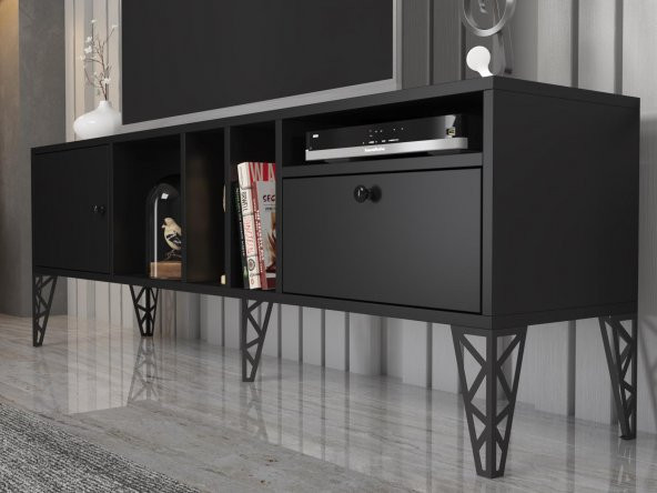 Woodn Love Cercei 160 Cm Metal Ayaklı Tv Ünitesi - Siyah / Siyah - 3