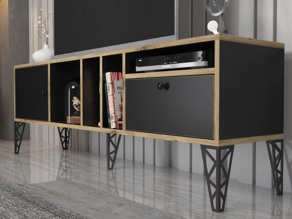 Woodn Love Cercei 160 Cm Metal Ayaklı Tv Ünitesi - Atlantik Çam - Siyah / Siyah - 3