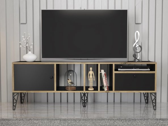 Woodn Love Cercei 160 Cm Metal Ayaklı Tv Ünitesi - Atlantik Çam - Siyah / Siyah - 4