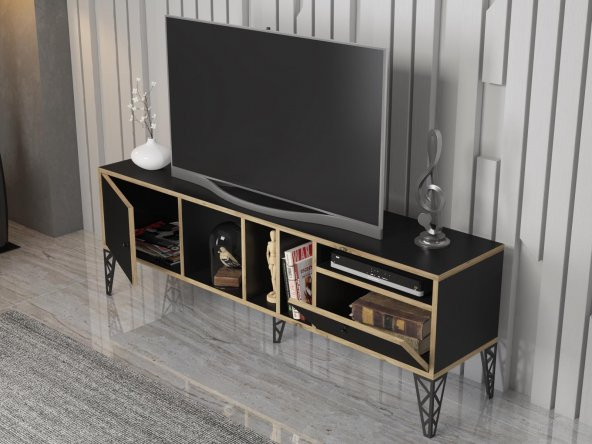 Woodn Love Cercei 160 Cm Metal Ayaklı Tv Ünitesi - Atlantik Çam - Siyah / Siyah - 5