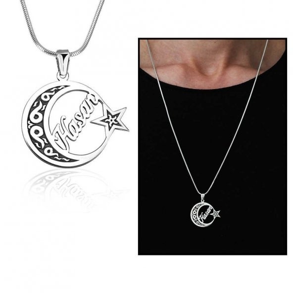 Nipora Ayyıldız Tasarım Kişiye Özel İsim Yazılı 925 Ayar Gümüş Erkek Kolye - 2