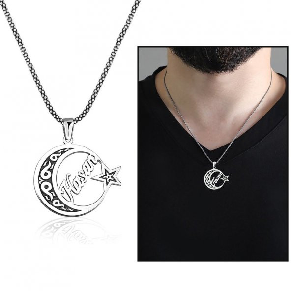 Nipora Ayyıldız Tasarım Kişiye Özel İsim Yazılı 925 Ayar Gümüş Erkek Kolye - 4