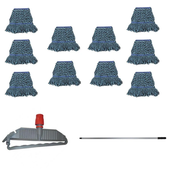Cod-Ex Geniş Yedek Islak Mop Paspas Takımı - 10 ad 25 Cm. 500 Gr. Islak Mop + Mop Tutucu + Metal Vidalı Sap ürün görseli 1