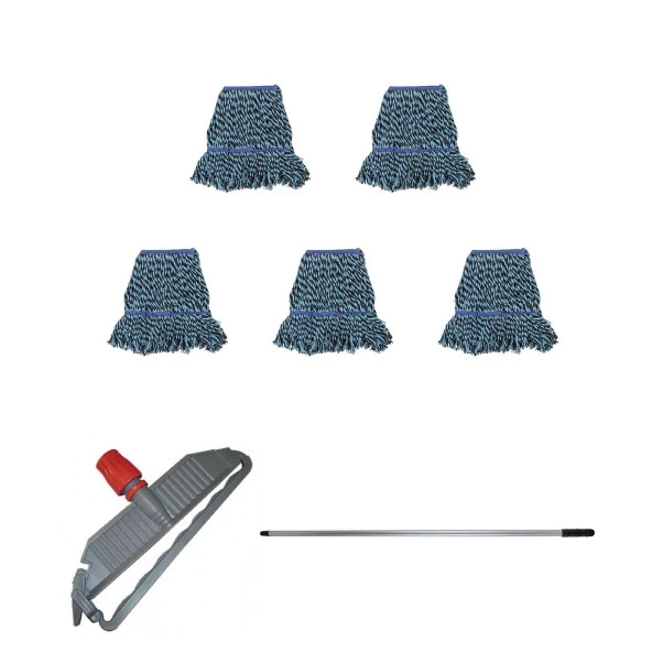 Cod-Ex Geniş Yedek Islak Mop Paspas Takımı - 5 ad 25 Cm. 500 Gr. Islak Mop + Mop Tutucu + Metal Vidalı Sap