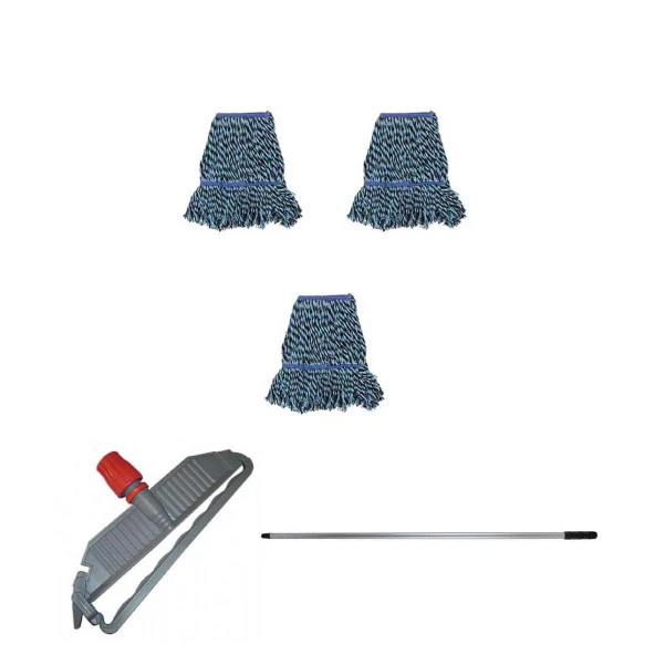 Cod-Ex Geniş Yedek Islak Mop Paspas Takımı - 3 ad 25 Cm. 500 Gr. Islak Mop + Mop Tutucu + Metal Vidalı Sap