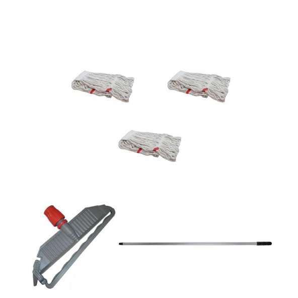 Geniş Yedek Islak Paspas Mop Takımı Seti - 3 Adet Geniş Islak Mop Başlığı  + Metal Sap + Mop Tutucu